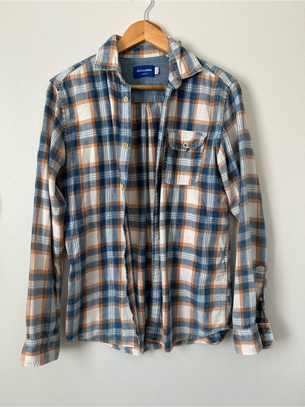 Jack & Jones Men’s Plaid Flannel Shirt Blue Rust Cream Size S